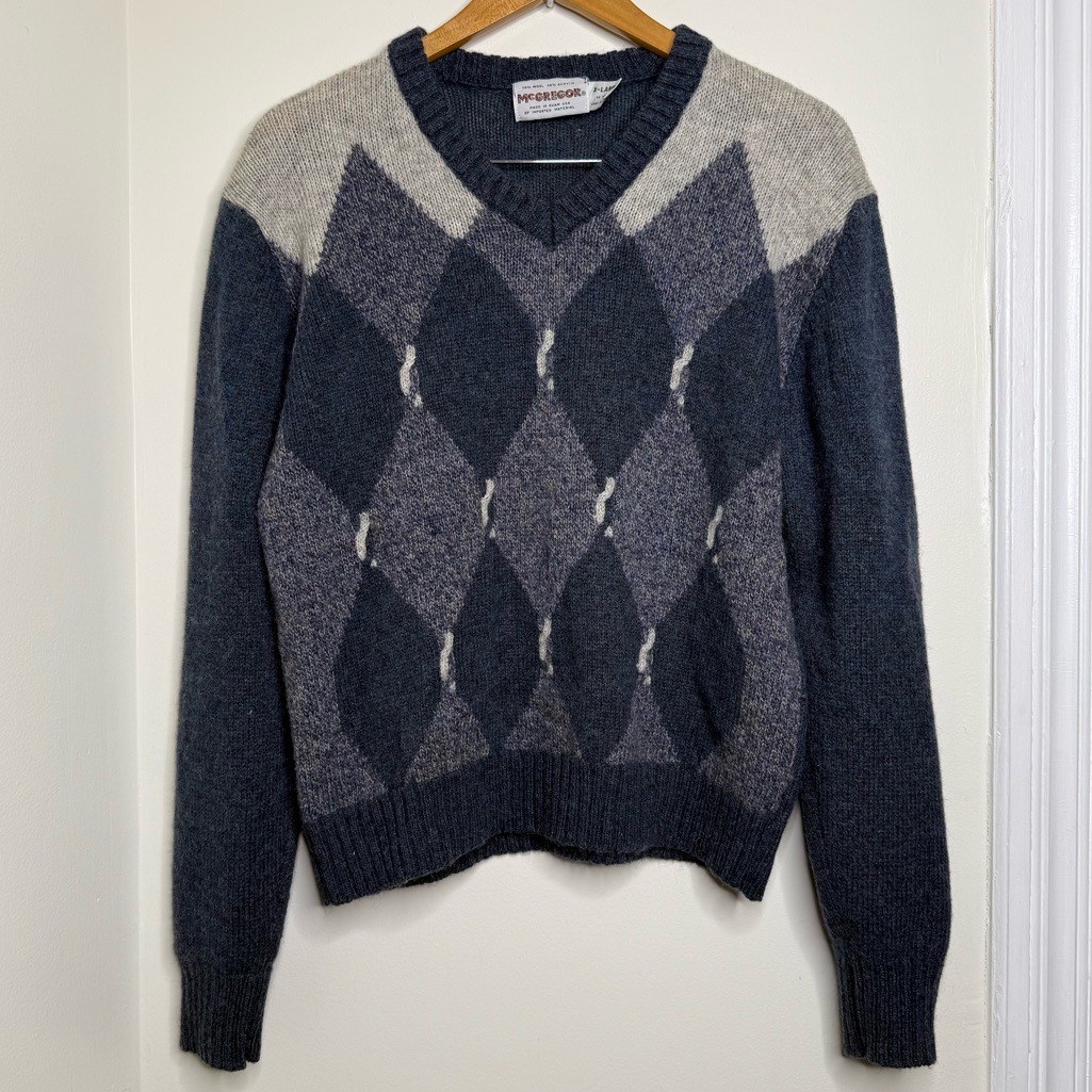 Vintage Mcgregor Wool Blend V Neck Argyle Sweater Women’s Sz Xl (Fits Like Large